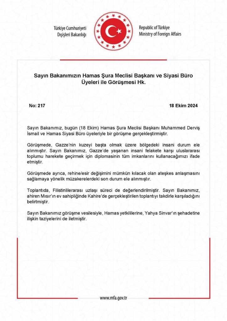 Dışişleri Bakanı Hakan Fidan'ın Hamas ile Görüşmesi