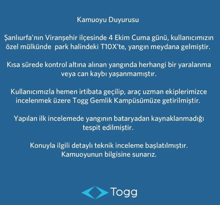 Şanlıurfa'da Togg T10X Yangını