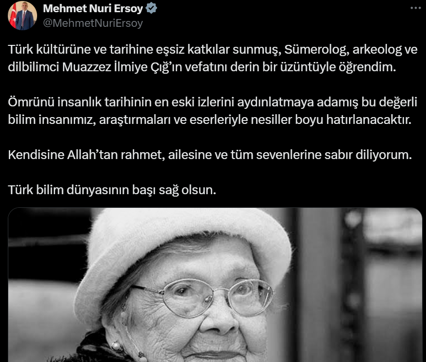 Muazzez İlmiye Çığ'ın Vefatı Üzerine Başsağlığı Mesajı