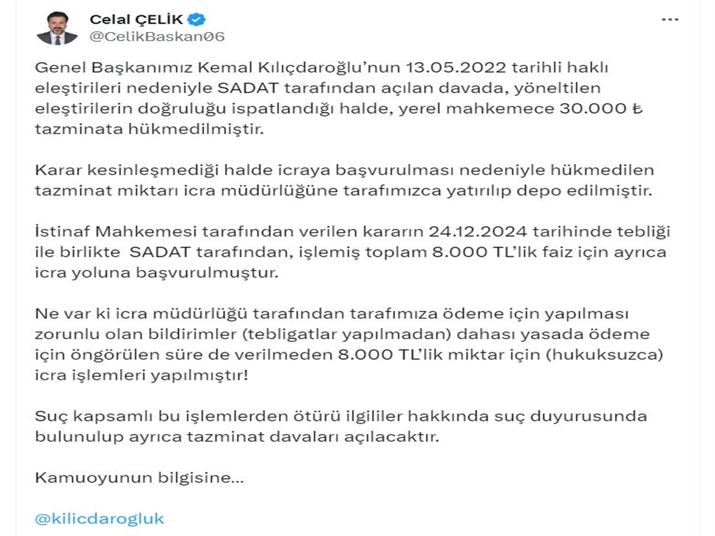 SADAT ve Kemal Kılıçdaroğlu Arasındaki Hukuki Çekişme